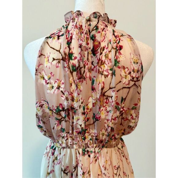 New Chiffon Elegant Floral Print Sleeveless Ruffle Beach Double Split Maxi Dress - Picture 8 of 9